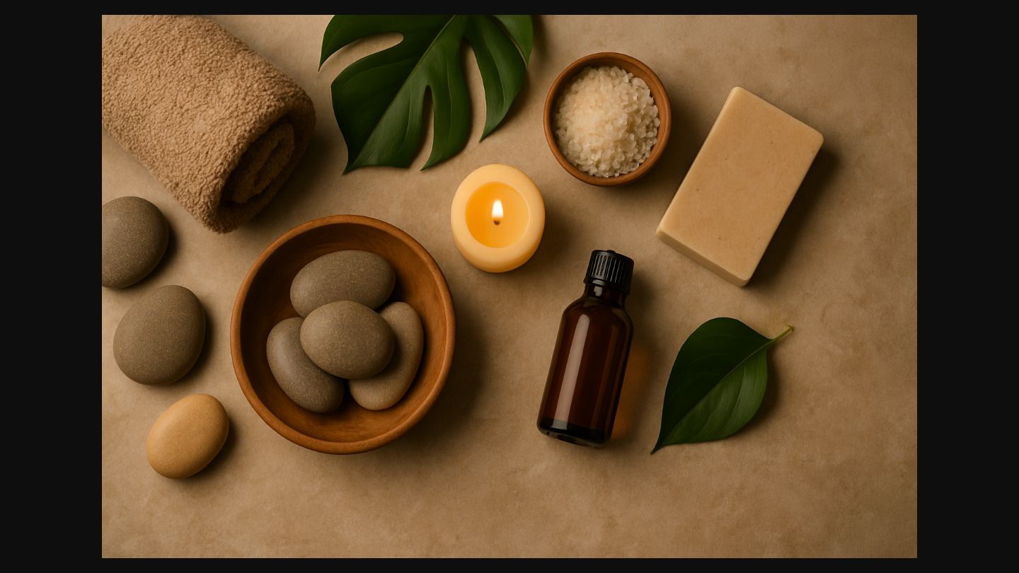 Spa essentials with massage stones, candle, and natural elements